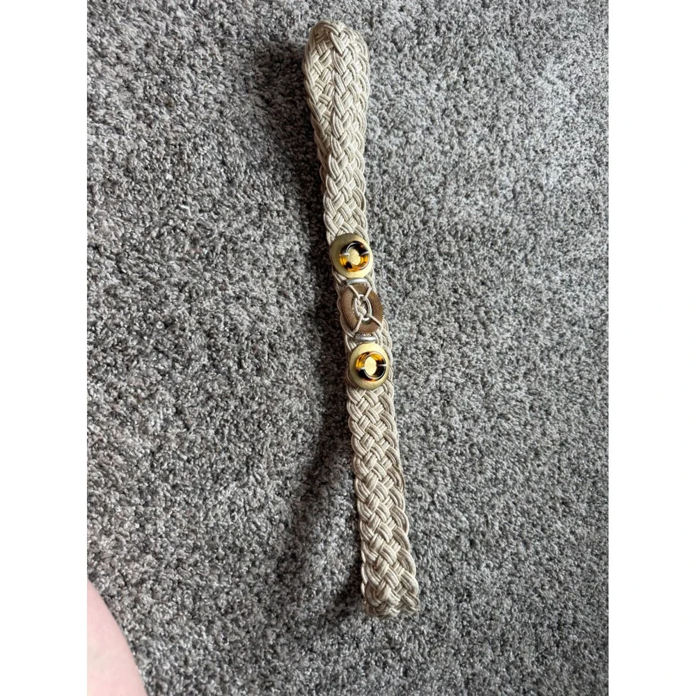Vintage Braided Stretch Belt Beige Gold Tortoise Shell Buckle Retro Woven Boho